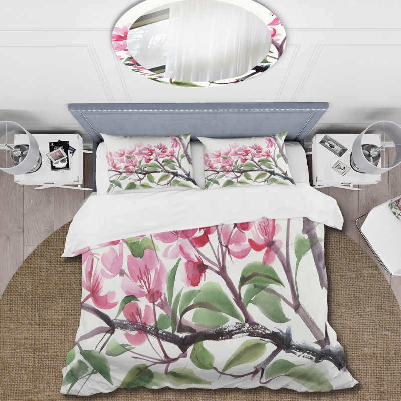 Arbre rose en fleurs - ensemble de housse de couette traditionnel - microfibre de polyester
