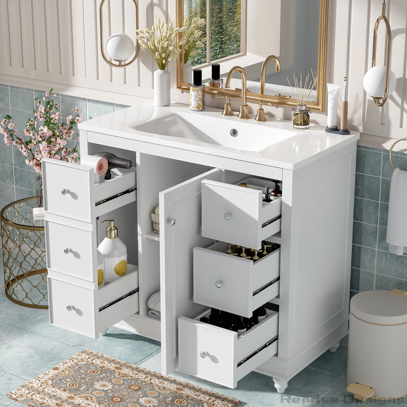 Meuble-lavabo 36 po avec lavabo en céramique, rangement polyvalent, tablette réglable, Blanc