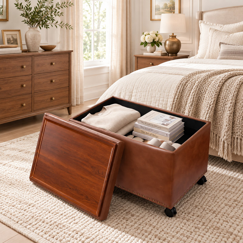 Repose-pieds de rangement en similicuir 22 po avec plateau rabattable et roulette, Yellowish Brown