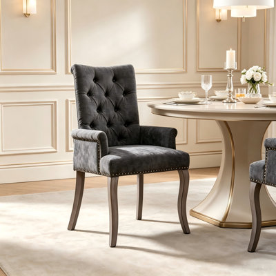 Upholstered Chenille Fabric Accent Dining Chair, Curved Solid Wood Legs or Steel Legs, Elegant Tufted Arm Chair for Living Room & Dining Room, Single‑Pack or Set of 2, Gray