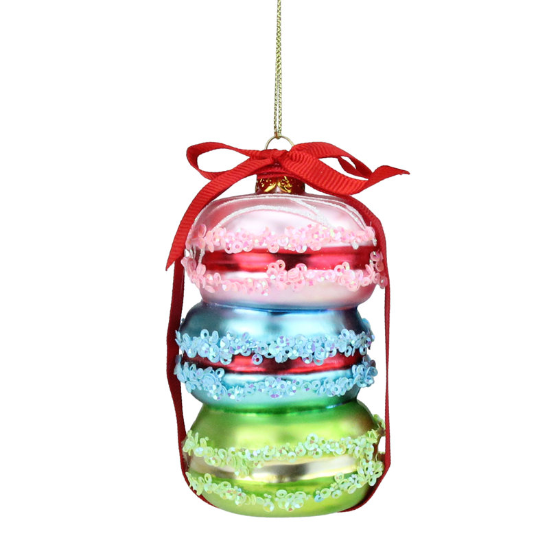 Ornement de Noël 4,5 po en forme de macarons en verre rose, bleu et vert avec ruban rouge