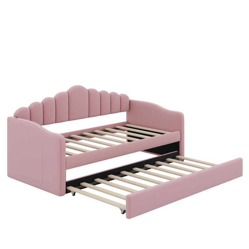 Twin Size Upholstered Daybed With Trundle And USB, Pink