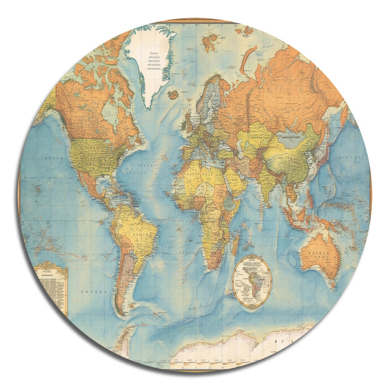 Carte du monde rétro I - carte ronde en métal, H 16 po x l 16 po