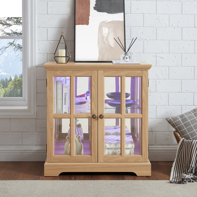 LED Curio Display Cabinet,Antique Display Cabinet With Adjustable Shelves,Retro Design Quality Showcase With Lattice Doors Elegant Bookcase And Storage Cabinet For Home Decor And Organization  OAK