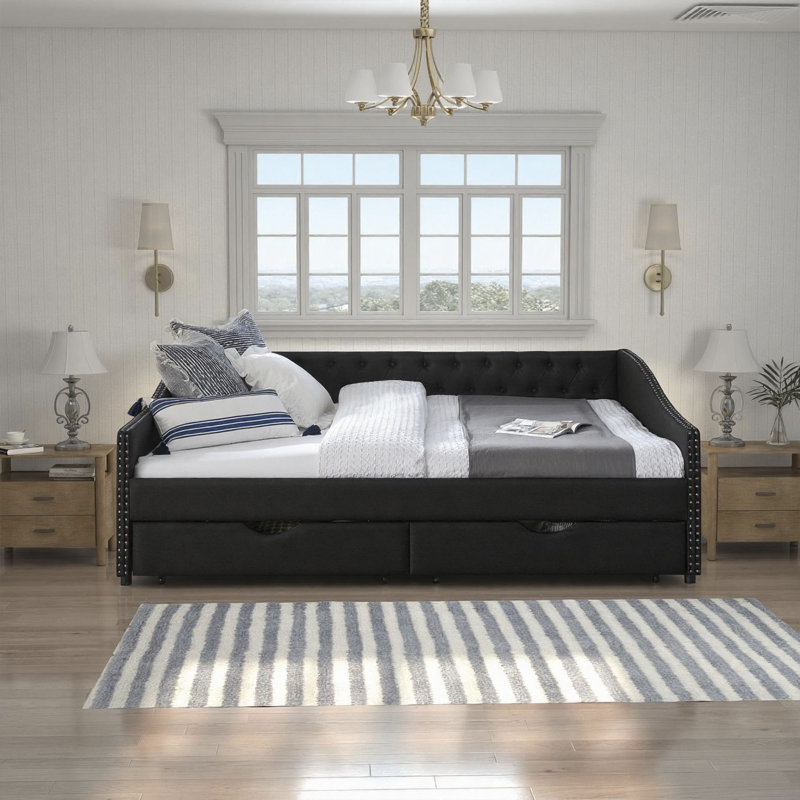 Alphonse Burwell 85" Linen Upholstered Tufted Sofa Bed Daybed with 2 Under-Bed Storage Drawers – Tufted Headboard Guest Bed (Beige/Dark Grey/Black)