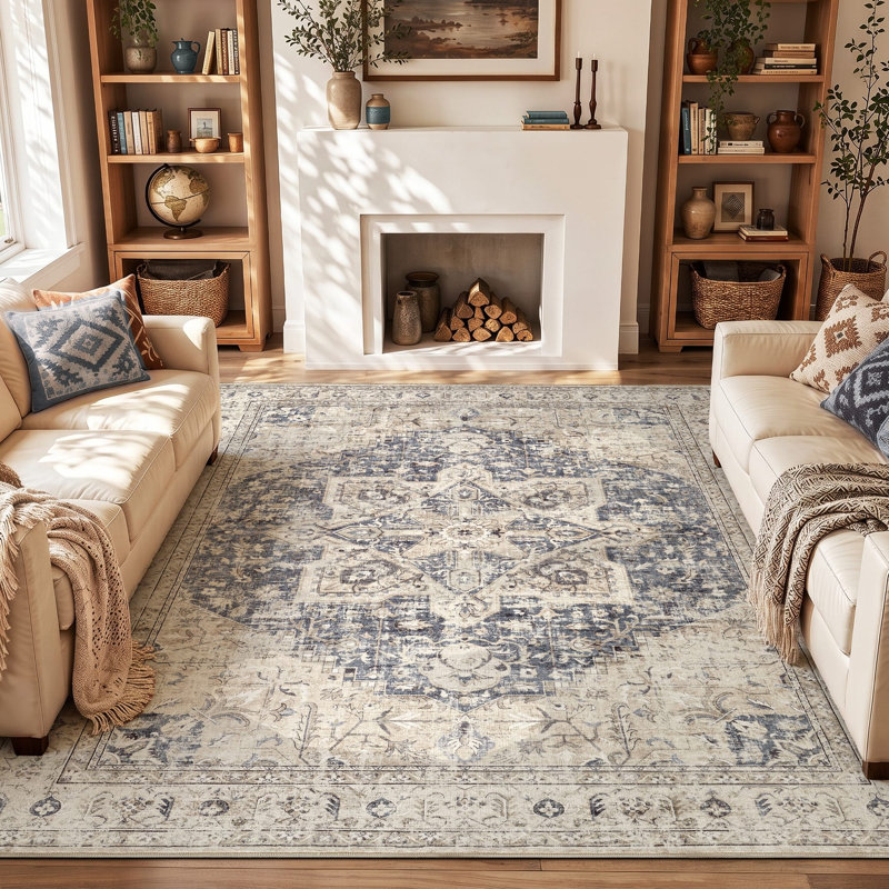     Adona Soft Washable Medallion Vintage Floral Area Rug for Living Room Bedroom Dining Room Lobby, Beige;Navy