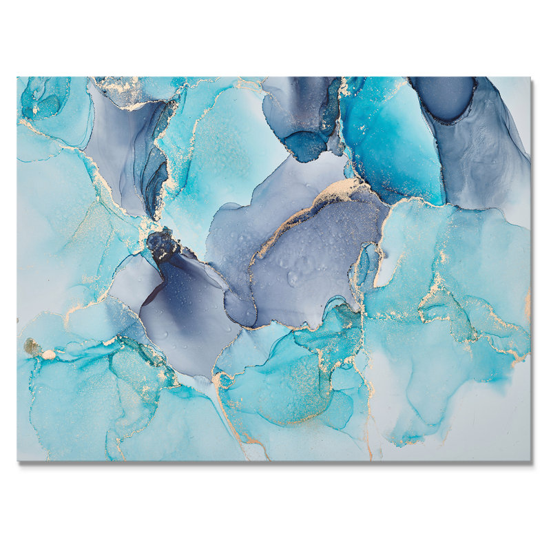 Turquoise et mauve luxueux, art fluide abstrait, reproduction sur toile, H 24 po x l 32 po x P 1 po, Toile tendue