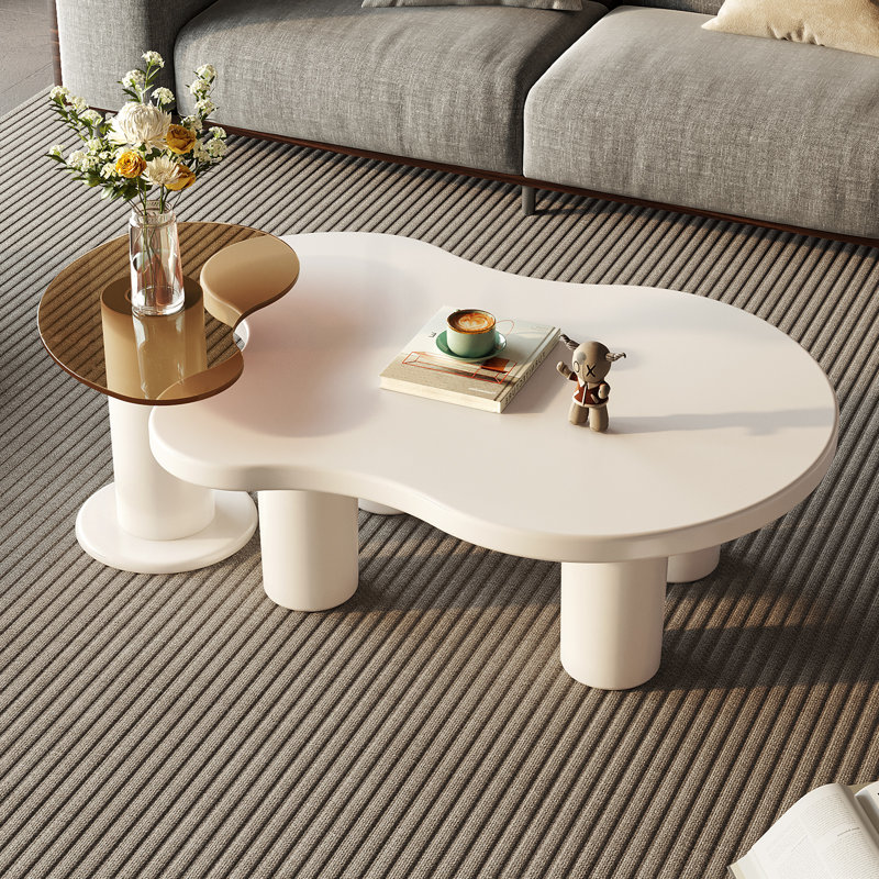Modern Cream White Nesting Coffee Table Set of 2 for Living Room, Bedroom, Small Spaces