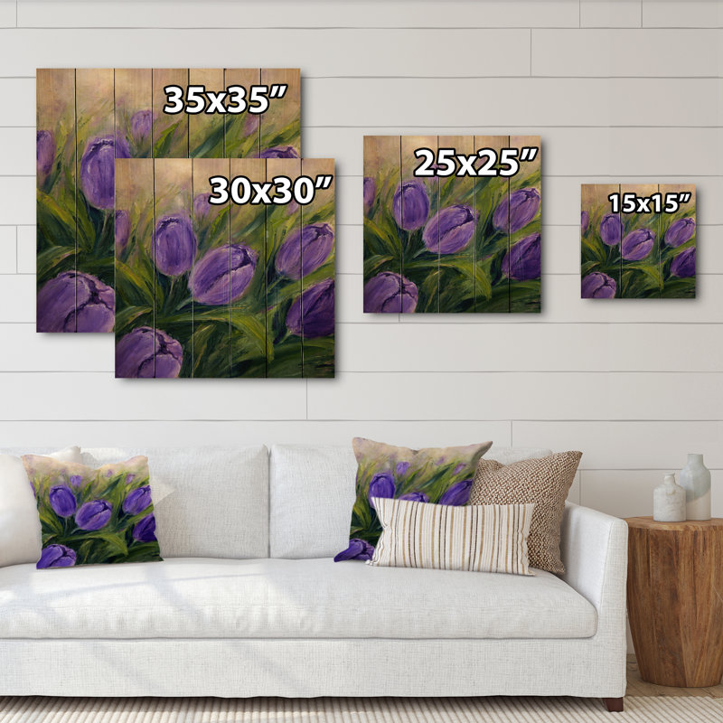 Bouquet de tulipes mauves - impression d'art mural traditionnel en bois, H 30 po x l 30 po x P 1 po