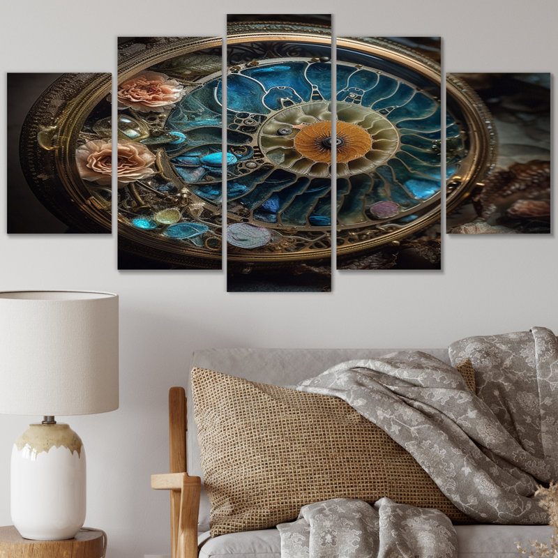 Bioluminescent Spiral Oceanic Astrolabe - Abstract Spirals, impression sur toile - 5 panneaux