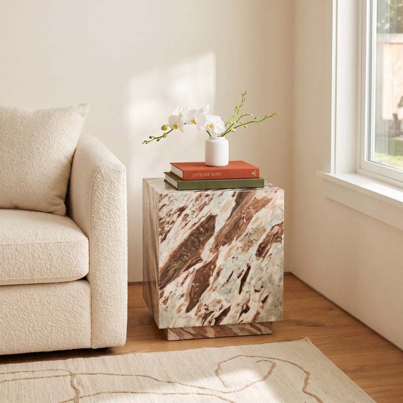 Hatten Matteo Solid Marble Square Side Table, Light Brown/White