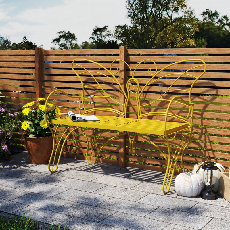 49" Butterfly Metal Outdoor Bench Patio, Outdoor Porch Bench With Built-in Table, Yellow