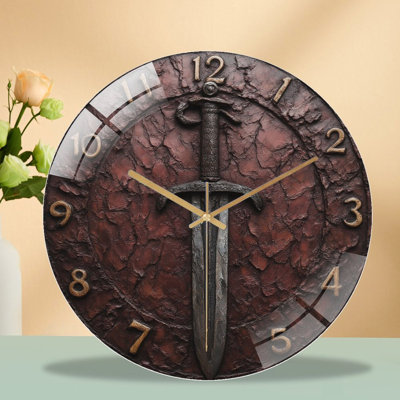 Stone Clock Face With Sword Art - 12'' Modern Glass Wall Clock