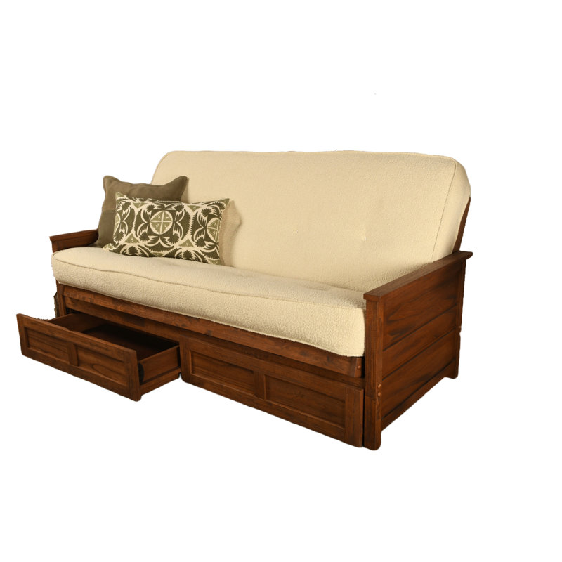 Futon double avec matelas avec rangement Emmiliano, 100% polyester crème cantonnée, Brun patiné