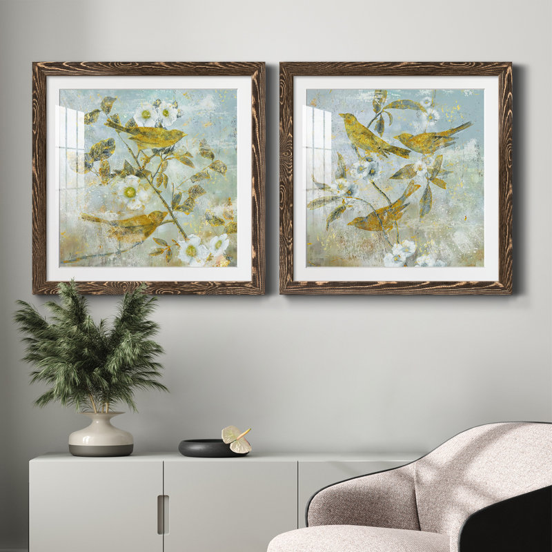 Aviaire jardin I - ensemble de 2 peintures, H 24 po x l 48 po x P 1 po, Papier avec cadre noyer