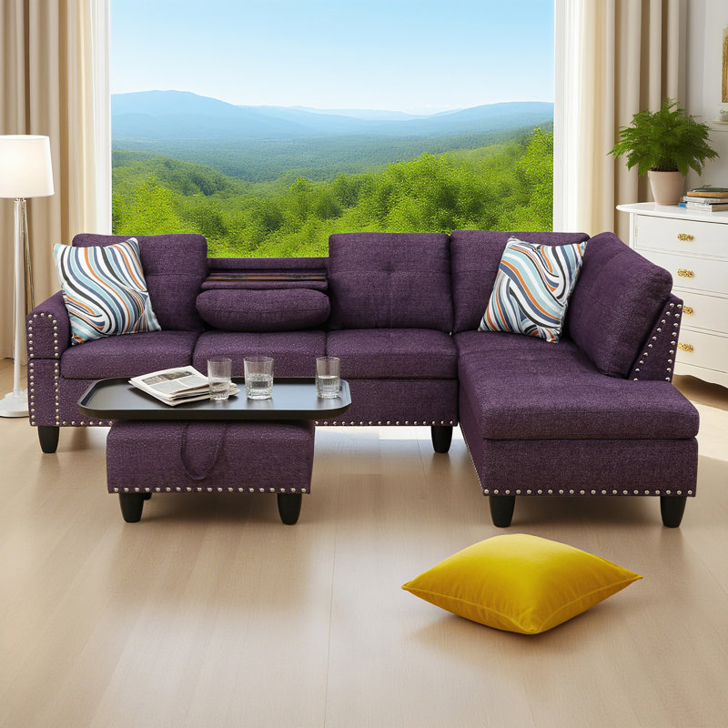 Canapé-lit modulaire convertible, ensemble de canapés en L 4 places, Orienté à droite, Mélange de lin mauve