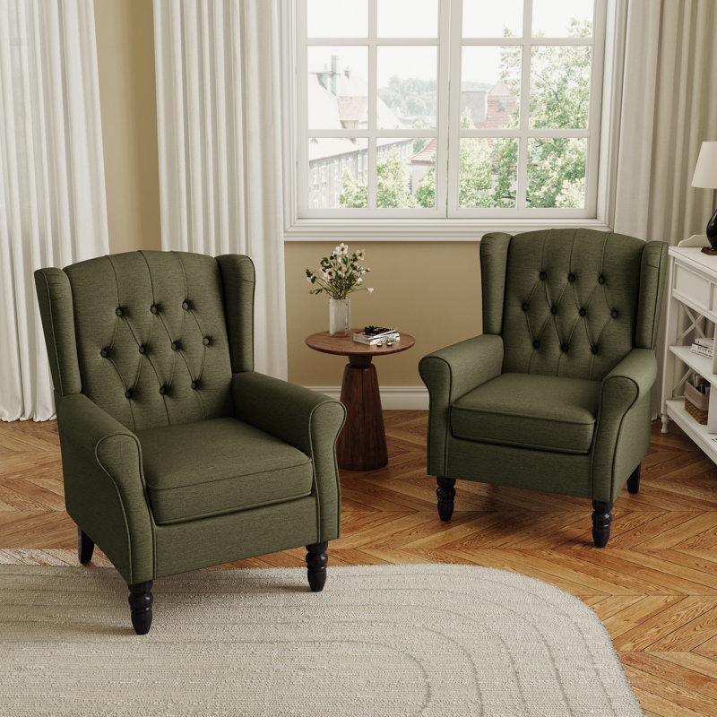 Duward Upholstered Green Button Tufted Wingback Accent Chair with Rolled Arm and Thick Padded Cushion, Green Polyester
