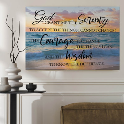 Impression sur toile encadrée 1pc, coucher de soleil sur la plage avec "Serenity Prayer", style de typographie calligraphique. Décoration murale, parfait pour la décoration de salon, de chambre, de bureau, de cuisine, de salle de bain, de décoration murale idéale pour la maison