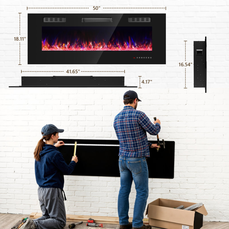 Foyer électrique 50 "avec flamme 12 couleurs - encastré / mural, télécommande, H 18,11 po x l 50 po x P 4,17 po