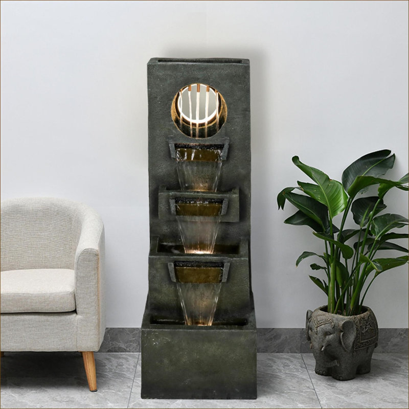 Fountains (Fuente, Cascada, Exterior) | 39.3" Modern 4-Tier Outdoor Waterfall Fountain with Pump &amp; Lights | Resin | Tiered Waterfall Fountain