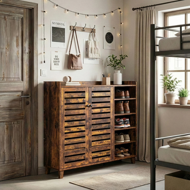 2-Door Shoe Cabinet With 5 Open Shelves Backsplash Top 45.67" W, Weathered Wood