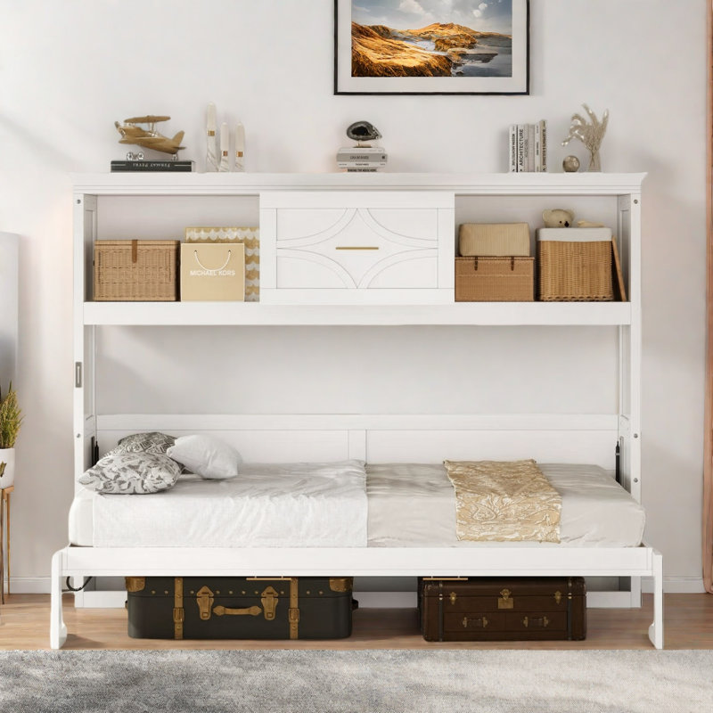 Lit escamotable avec station de charge, 2 armoires de rangement et 1 tiroir, Blanc