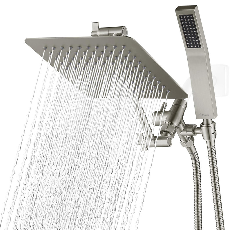 8 Inch Dual Square Shower Head, Rain Shower Head, Adjustable Extension Arm, 3-Way Diverter, 71 Inch Hose, Brushed Nickel