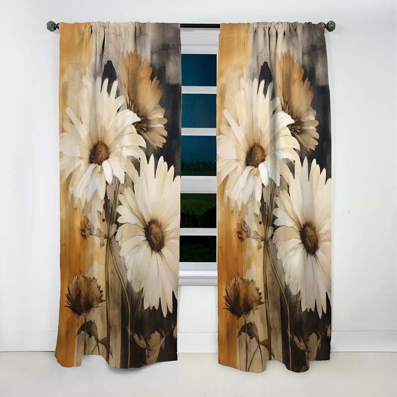 Rideau fleuri rétro avec motif de marguerites brunes rétro - 1 panneau, L 52 po x L 108 po
