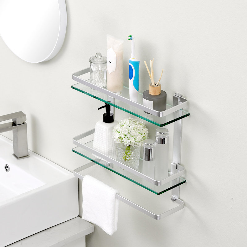 2 Tier 15.7-Inch Bathroom Tempered Glass Shelf  Storage Glass Shelf Rectangular With Bar Aluminum