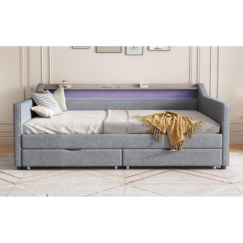 Modern Linen Upholstered Daybed with 2 Storage Drawers, 2-Tier Shelf, USB/Type-C Port, and Smart LED Light for Living Room, Apartment