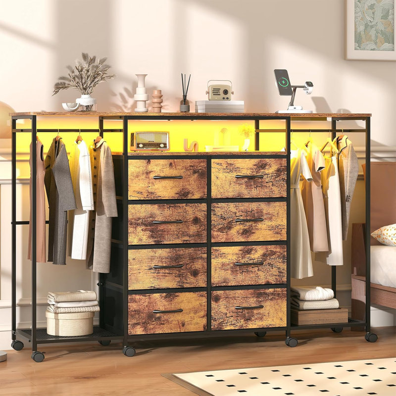 59.1" W Dresser for Bedroom with Hanging Rack, 8 Drawer Dresser with LED Lights & Charging Station, Fabric Dressers with Portable Wheels,Metal Frame, Wooden Top