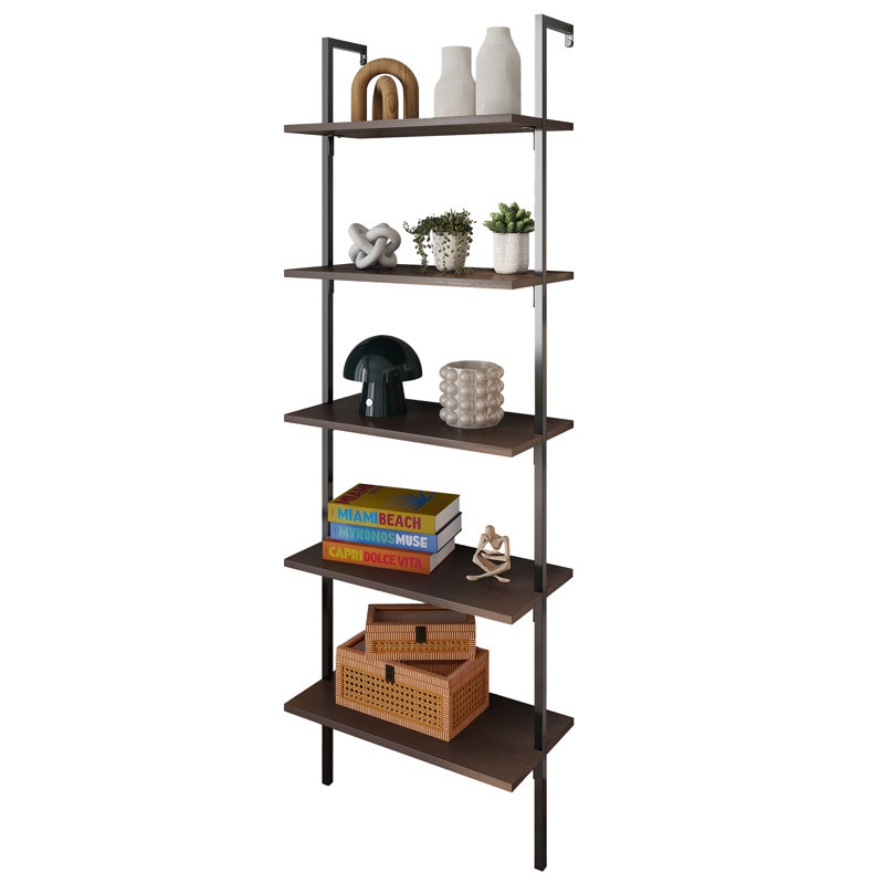Honoria Classic Industrial 5-Shelf Wood Wall-Mounted Open Ladder Bookcase with Metal Frame, Brown/Black