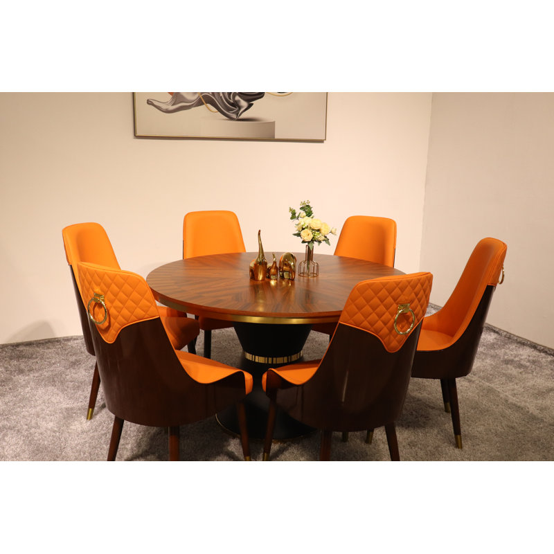 Vogue Lux Orange 61" Round Dining Set, Orange, 7 Pieces: Table, 6 Chairs, 31" H x 51" W x 51" D