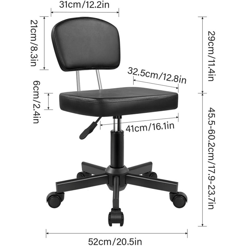 Black Rolling Stool With Backrest - Height Adjustable 360° Swivel Stool, Square PU Leather Seat With Wheels (For Bedroom/Shop/Salon/Home Office)