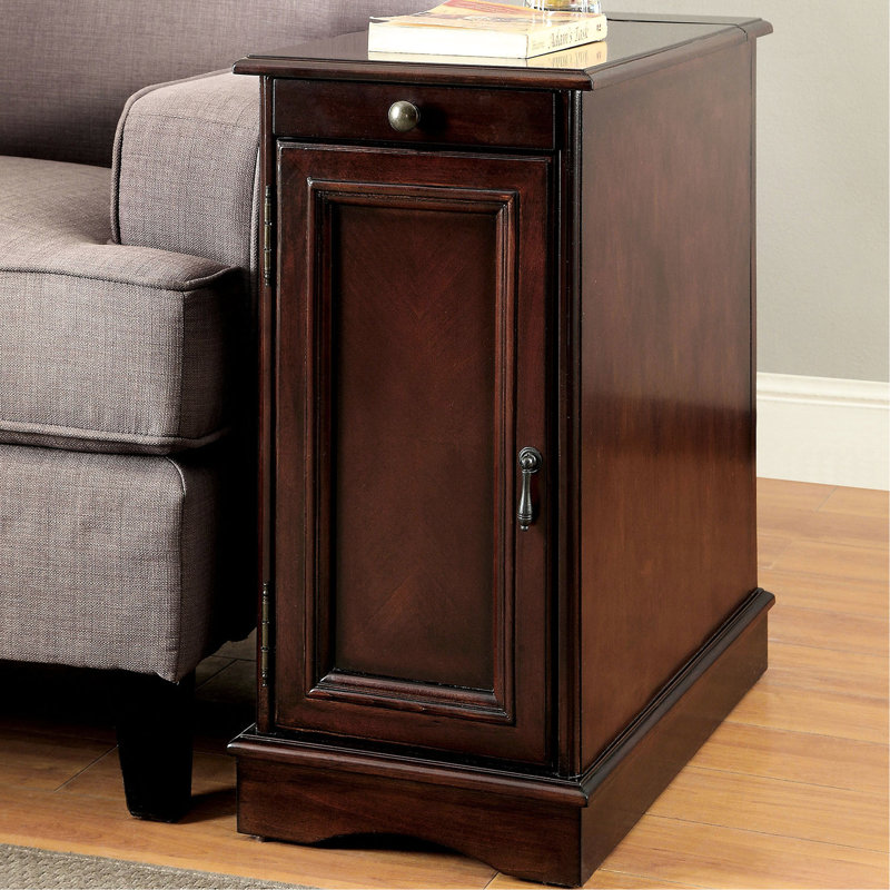 Rectangular Side Table With And Pull-Out Cup Holder Storage In Cherry Outlet Cabinet Transitional, Cherry
