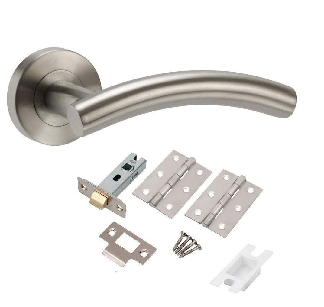 Golden Grace 1 Sets Arched T-Bar Door Handles on Round Rose in Satin Nickel Finish with Latch and Ball Bearing Hinges