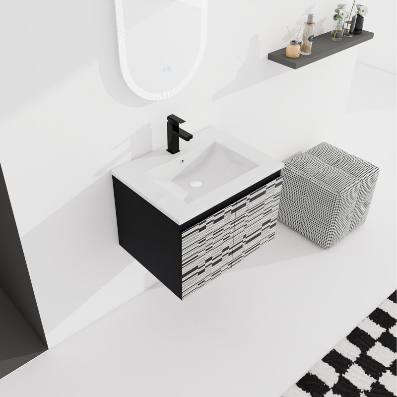 Meuble-lavabo 24 po. Comprend un évier en céramique et une porte à fermeture en douceur. Moderne. Contreplaqué. Noir Optimisation du rangement inclus. Maximise le style