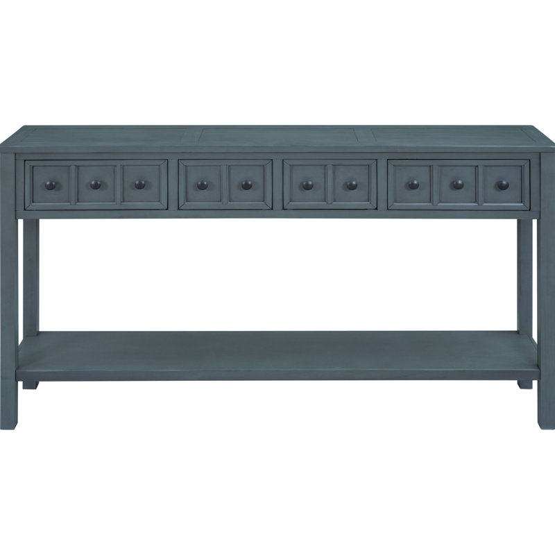 Table, 60 po de long. Bleu marine, bois massif. 2 petits et grands tiroirs et une tablette pour une charmante console de maison en bleu marine. Structure en bois, finition vieillie. Bas de taille différente