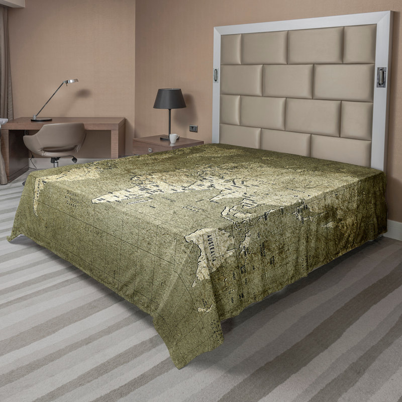 Ambesonne Map Top Flat Sheet Nostalgic World Map Army Green, King Flat Sheet