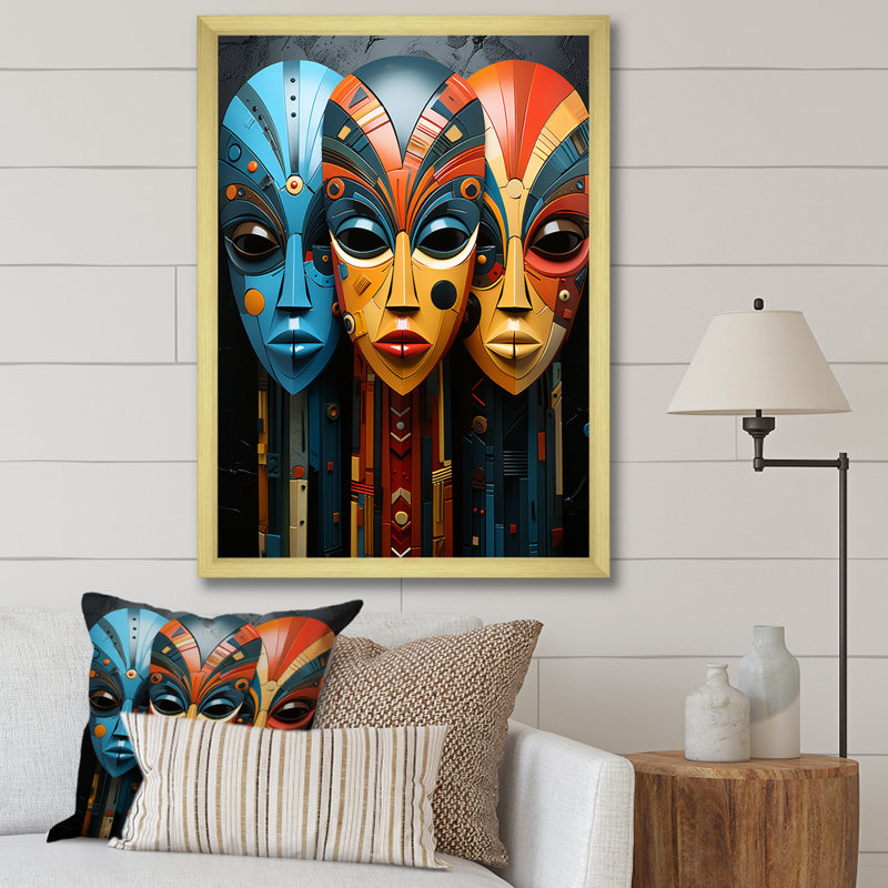 Masques de tribus mystiques d'Afrique sur toile, Cadre doré simple, H 32 po x l 24 po x P 1 po