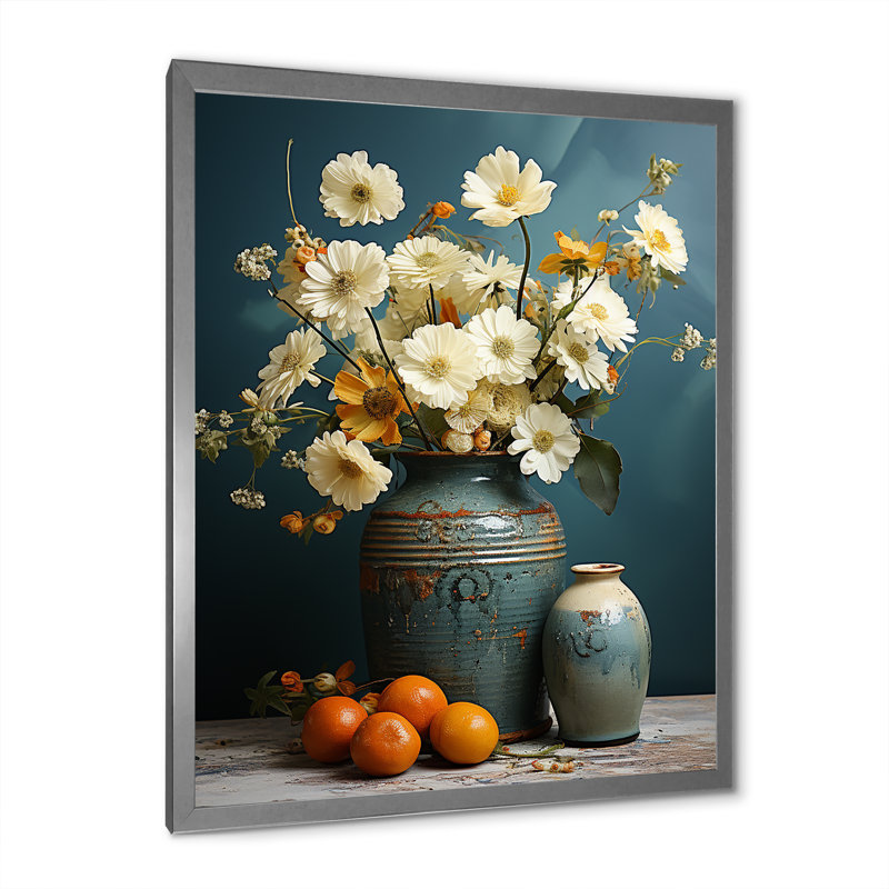 Art floral mural blanc rétro poterie Reverie - Boho Pottery, Cadre simple argenté, H 44 po x l 34 po x P 1,5 po