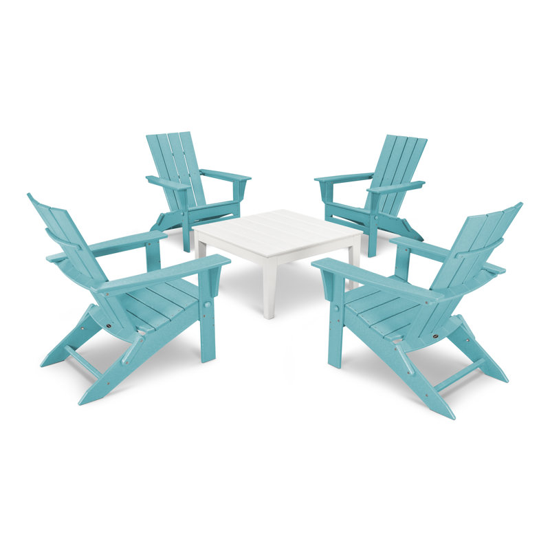 POLYWOOD Quattro Folding Chair 5-Piece Conversation Set, White/Aruba