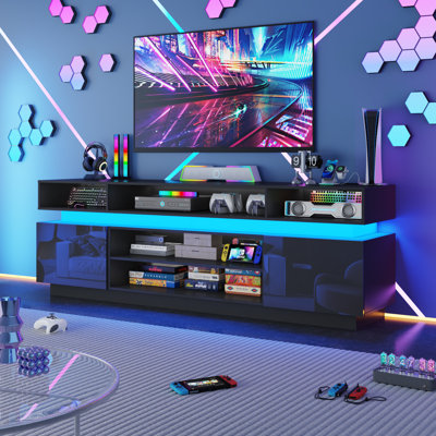 LED TV Stand for 70 Inch to 80 Inch TV, Modern Tall Entertainment Center with Storage, High Gloss Gaming TV Media Console with Glass Shelf for Living Room