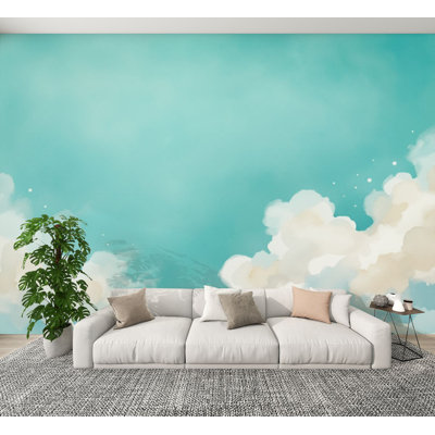 Papier peint à peler et coller, nuages bleu ciel doux, style aquarelle, décor d'été, décorations murales de rêve, papier peint amovible en PVC, H 100 po x l 144 po, pour chambre à coucher, bureau à domicile