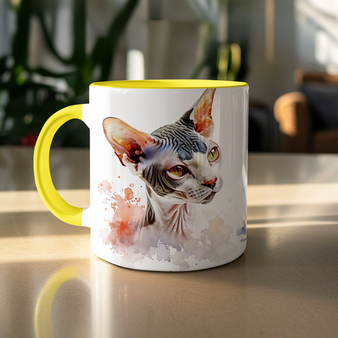 Set of 2 – Cat Design 11oz Accent Mug – White Ceramic Coffee Cup with Colored Handle and Interior