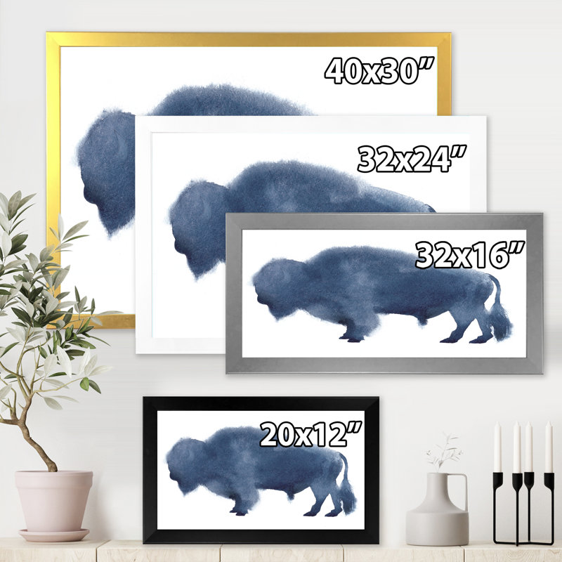Silhouette de bison bleu marine - peinture sur toile, H 12 po x l 20 po x P 1,5 po, Toile encadrée d'or