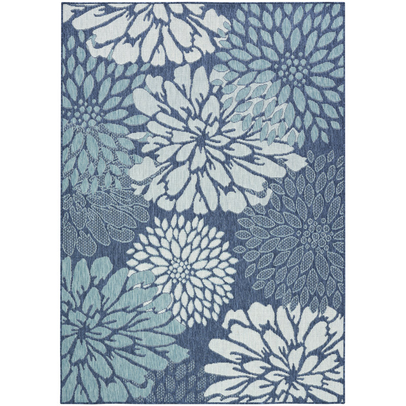Winston Porter Ylianna Navy Tropical Indoor/Outdoor Rug, Rectangle 6' x 9'