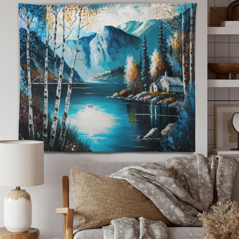 Cabane près d'un lac en automne II - Tapisserie murale maison de campagne, H 32 po x l 39 po