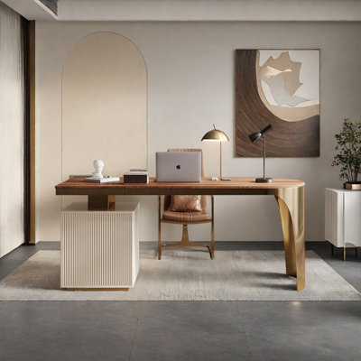 Modern Minimalist Luxury Wood Desk with Stainless by Everly Quinn