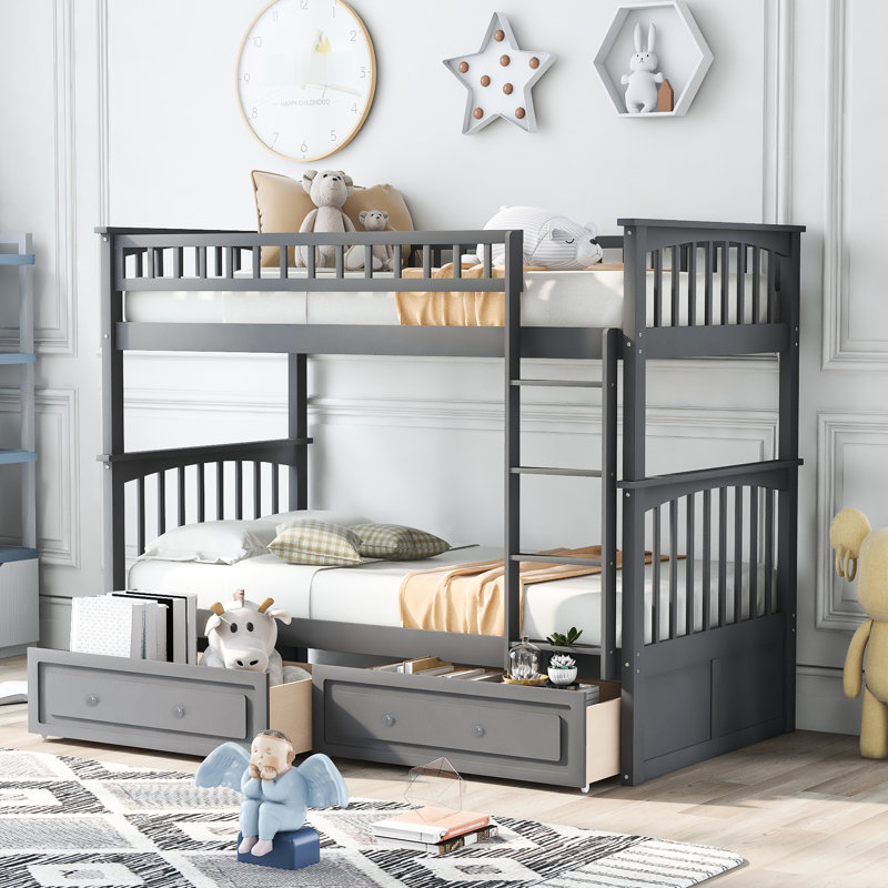 Lit superposé simple gris avec tiroirs - Design moderne,, Gray, Twin